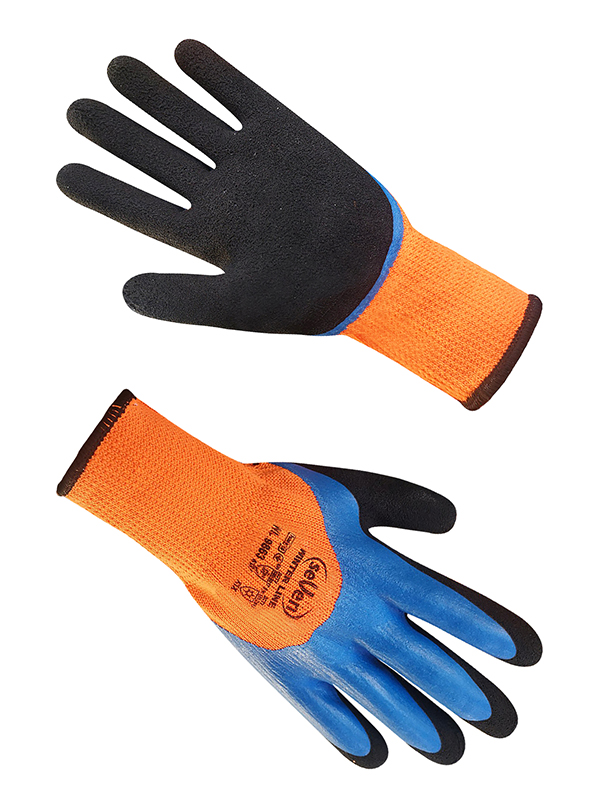 Рукавички утеплені синтетичні помаранчеві з синім спіненим латексним покриттям SEVEN 69346